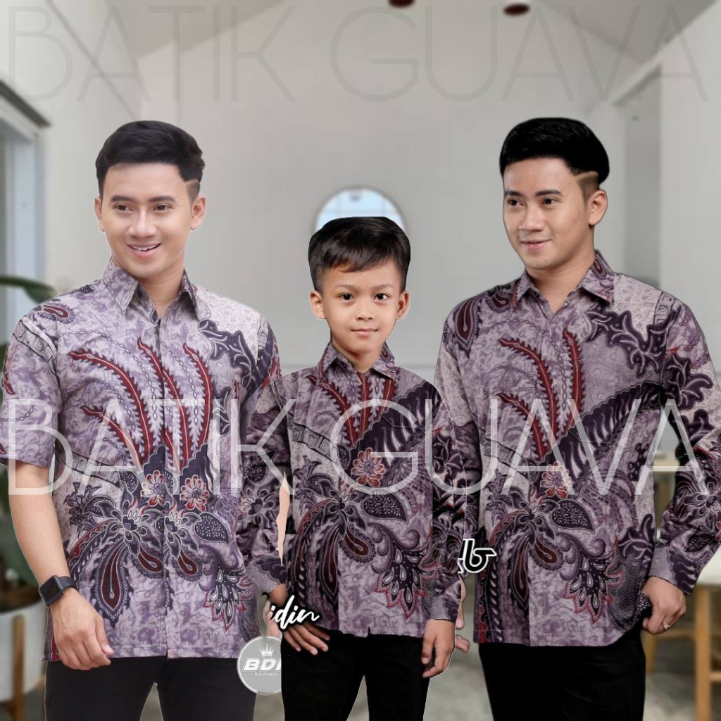 BATIK GUAVA - BATIK COUPLE AYAH DAN ANAK LAKI LAKI - COUPLE BATIK WARNA UNGU TARO M L XL XXL