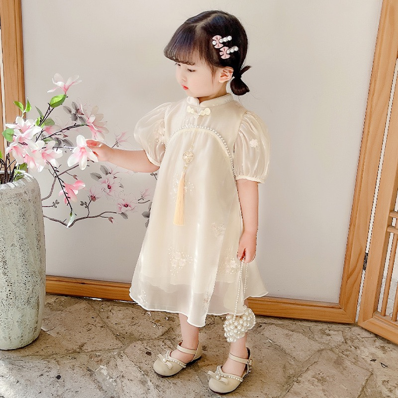 Dress Cheonsam Anak Perempuan Import Satin Bunga Mutiara BrokenWhite