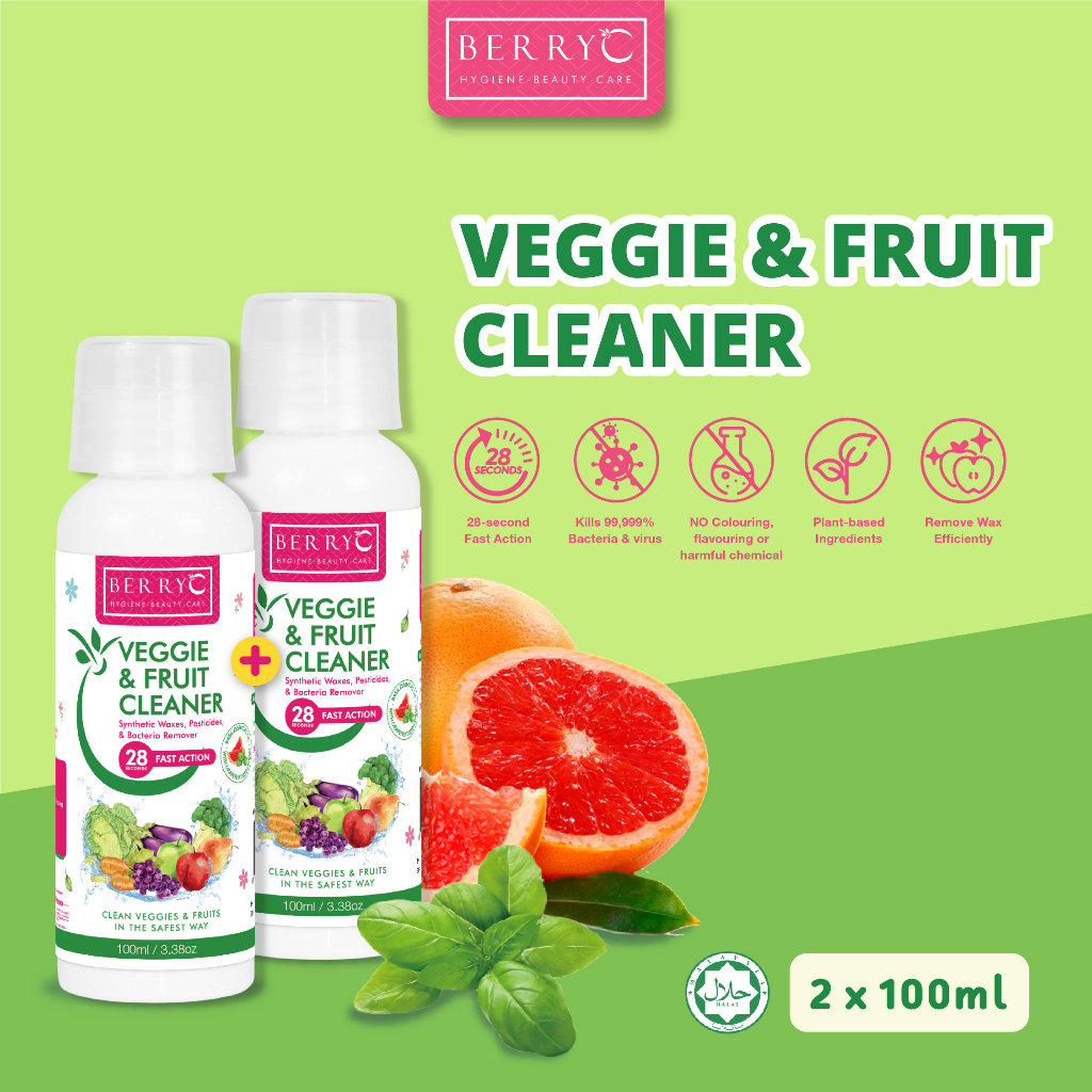 BerryC Pencuci Buah Sayur Salad Organik 100ML- Organic Veggie &amp; Fruit Wash Cleaner For Food &amp; Vegetables Sabun Pembersih Wax Pestisida Makanan Segar Cairan Perendam Natural Halal Food Grade Waterbase Kemenkes Impor Malaysia Awet Tahan Lama Pesticide Free