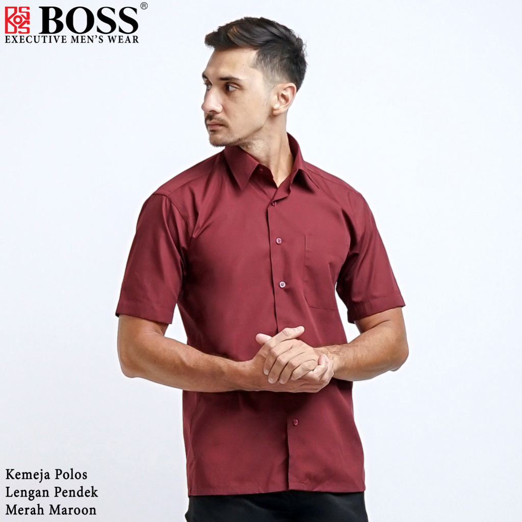 BOSS Kemeja Polos Pria Lengan Pendek Regular Fit Merah Maroon