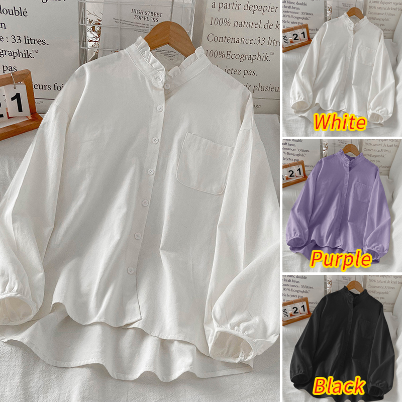 ZANZEA Women's Daily Simple Casual  Straight Ruffle Collar Plain Button-up Comfy Cotton Blouse