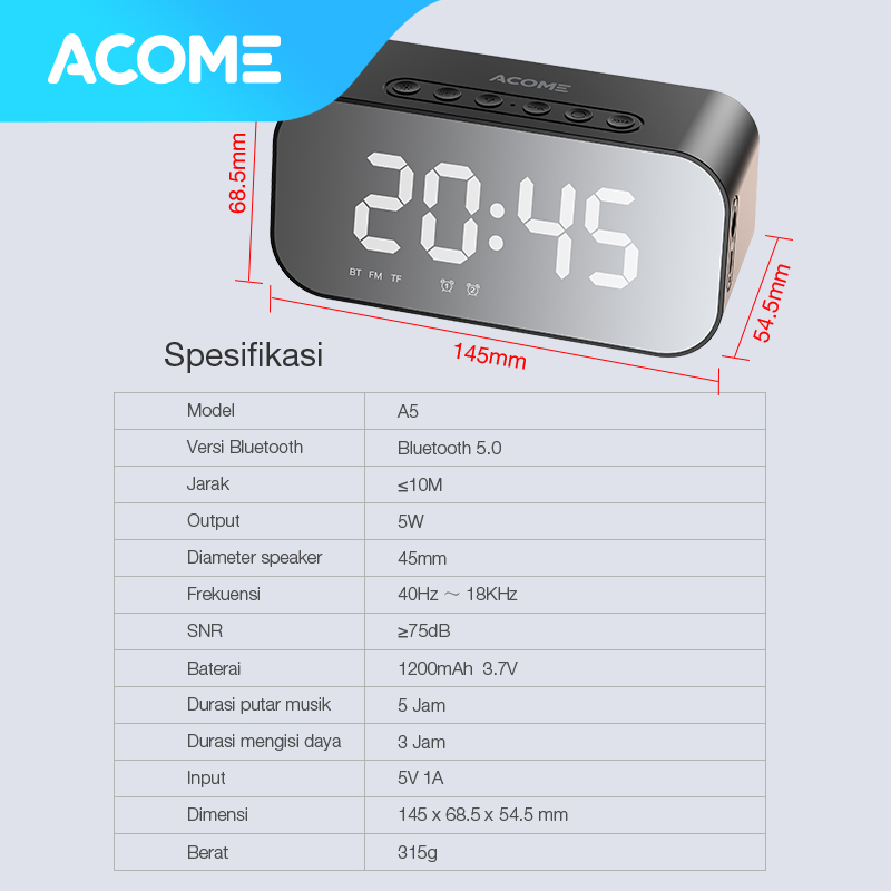 Acome Speaker Bluetooth 5.0 Jam Alarm LED Display Ultra Bass Garansi Resmi 1 Tahun A5