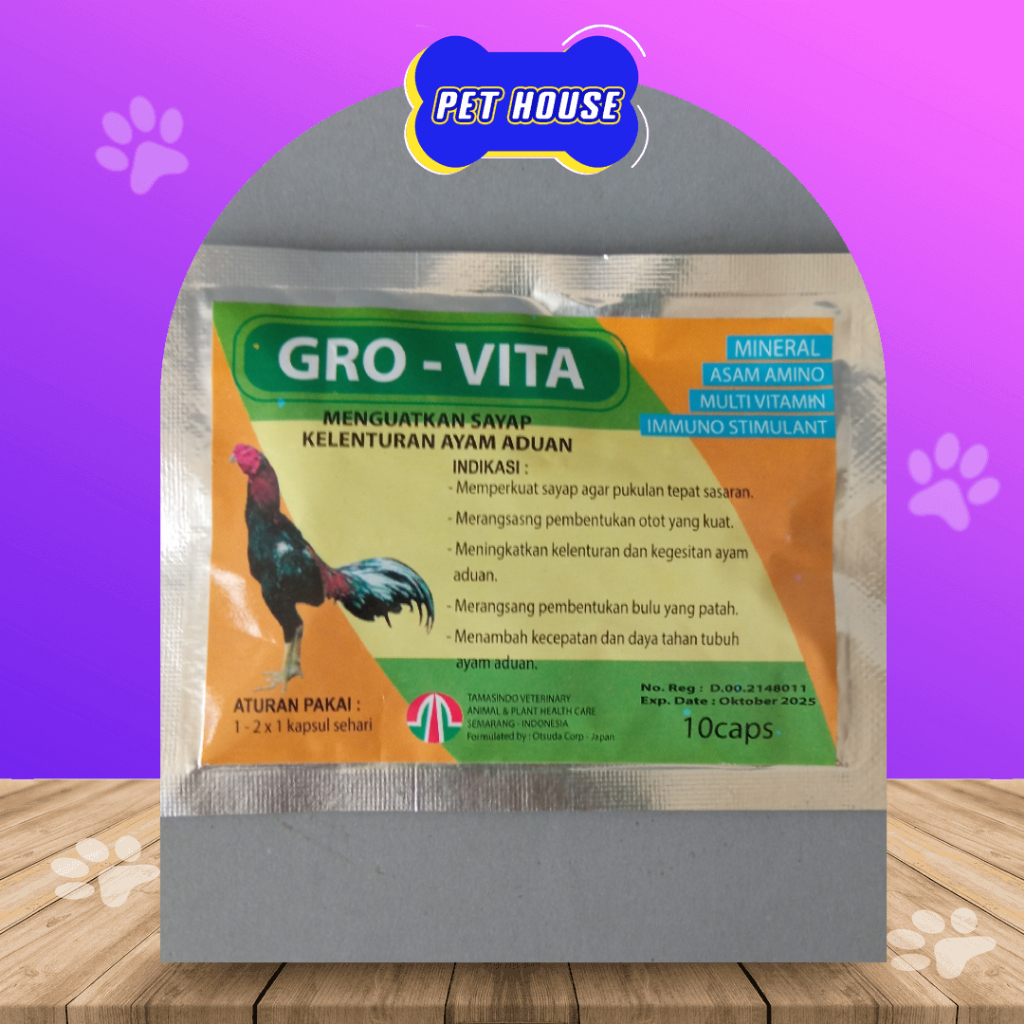 GRO VITA 10 KAPSUL - VITAMIN MEMPERKUAT OTOT AYAM - MENINGKATKAN KELENTURAN OTOT FAN MEMBENTUK OTOT 