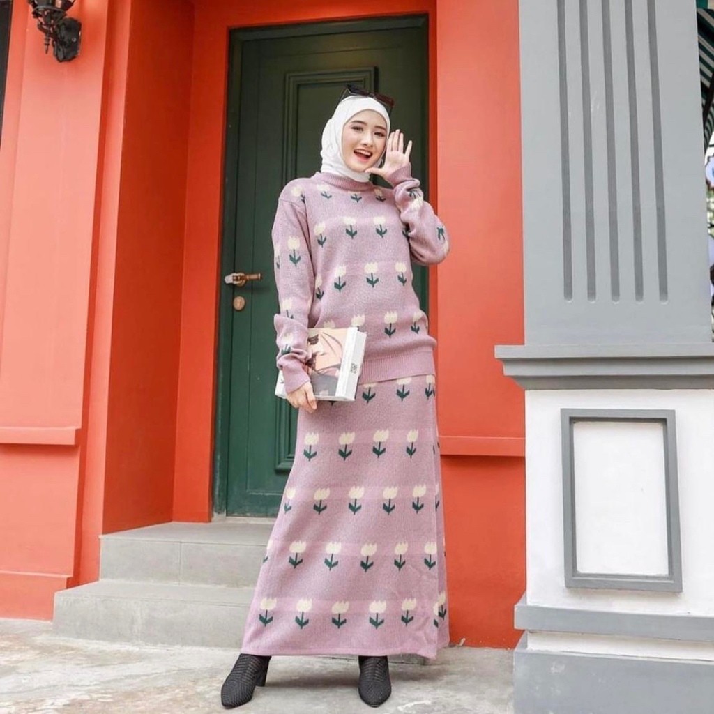 ELEYA ONE SET SKIRT | SETELAN ROK MOTIF BUNGA TULIP