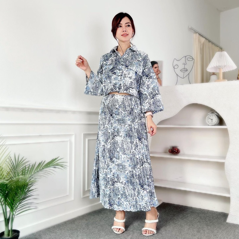 AFI - EC - One Set Wanita Nature Korean Vintage Kemeja Crop &amp; Rok Midi Plisket