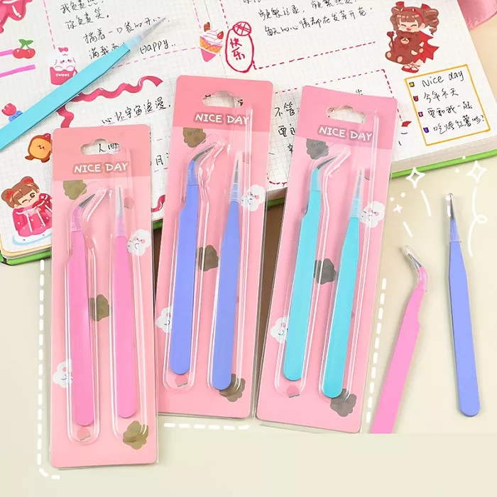

2 PCS Tweezer Pinset Lurus Bengkok Serbaguna/Penjepit Sticker DIY Soft Colour Macaron Stainless Steel