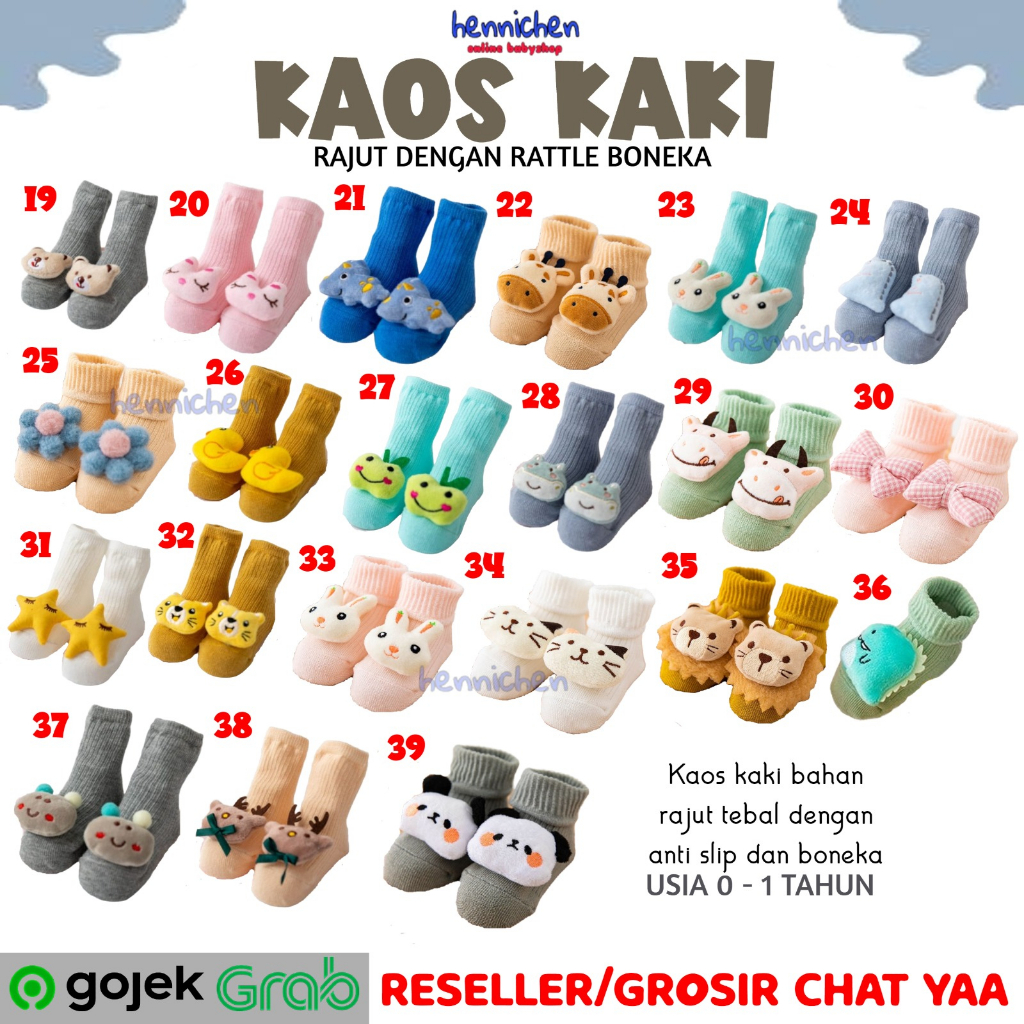 KAOS KAKI RAJUT DENGAN RATTLE BONEKA TEBAL HANGAT 0 - 1 Tahun dengan anti slip
