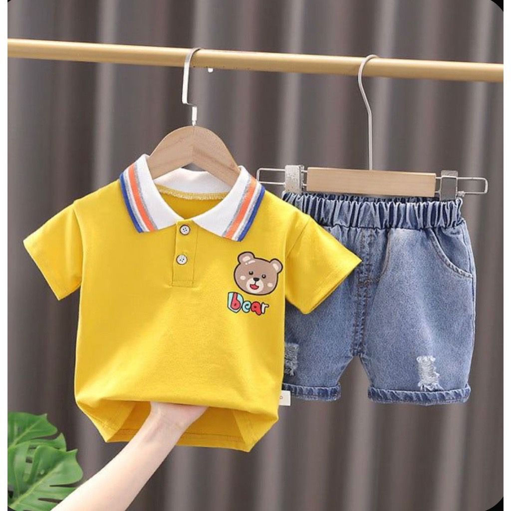 SETELAN KAOS POLO DAN CELANA JEANS PENDEK ANAK IMPORT 1-5 TAHUN MOTIF POLO BEAR DENIM TERBARU