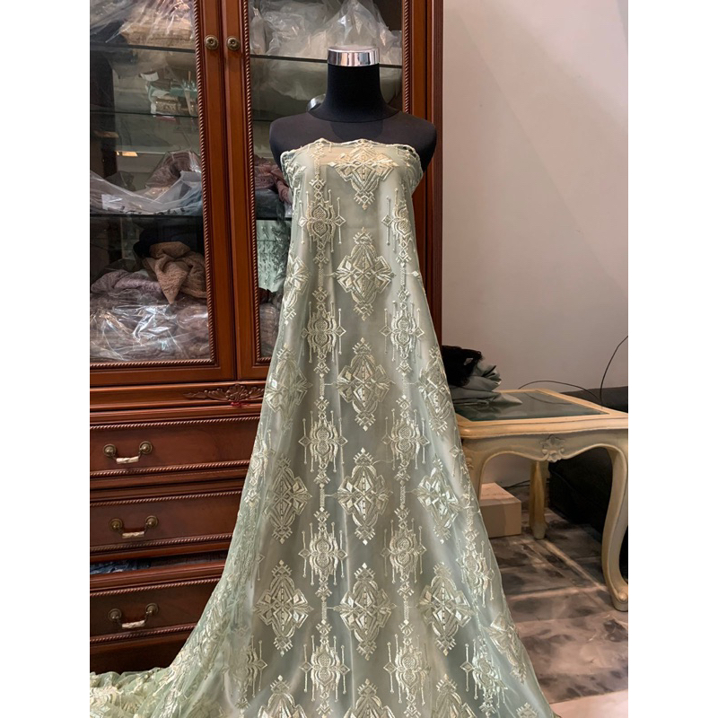 Bahan Kain Brokat Mewah Tile Etnik Keraton Diamond Warna Sage Green