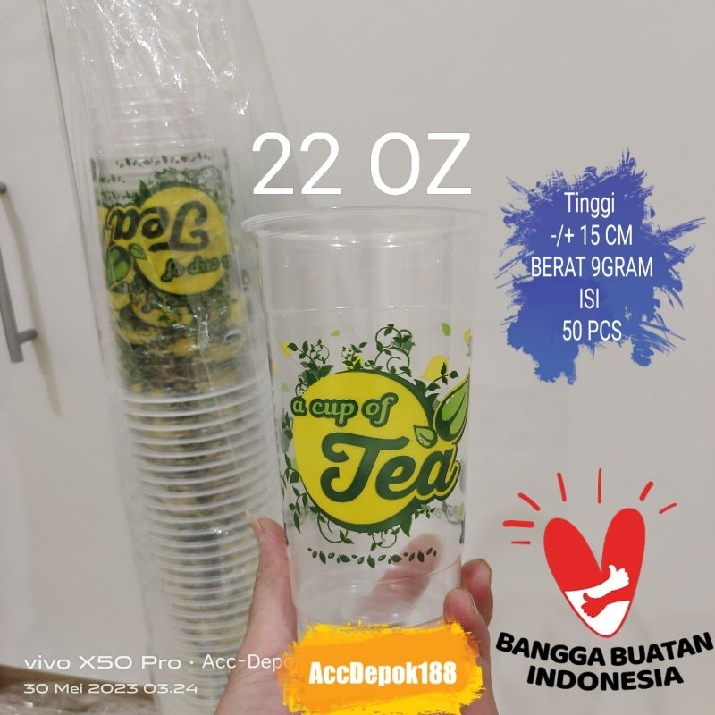 GELAS ES TEH MANIS / GELAS ES TEA / GELAS MEREK STARINDO MOTIF TEA / A CUP OF TEA UKURAN 16 OZ DAN 22 OZ ISI 50 PCS