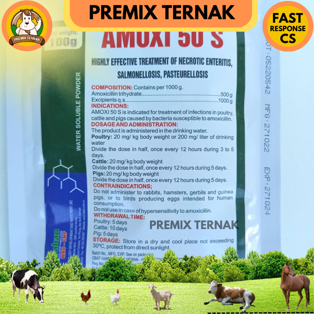AMOXI 50 S 100gr - Obat Ampuh untuk Pencernaan Ayam Sapi Babi Joss - Like Amoxitin