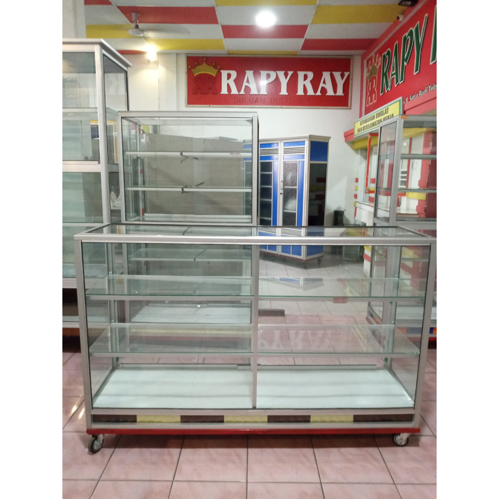 steling rak kaca jualan kelontong 150x40x100