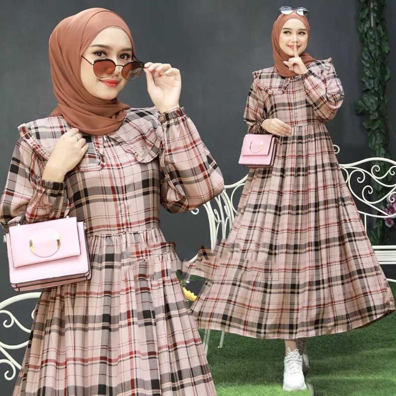 Midi Dress Teta Motif Kotak // Dress Midi Busui Friendly// Gamis Midi Dress // Fashion Muslim