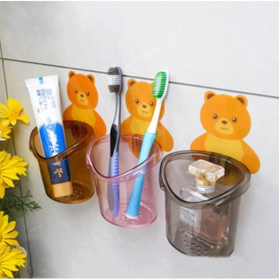 DOMMO - D6081 Tempat Sikat Gigi Bear H5262 / Gelas Tempel Motif Beruang / Gantungan Sikat Gigi / Toothpaste Holder