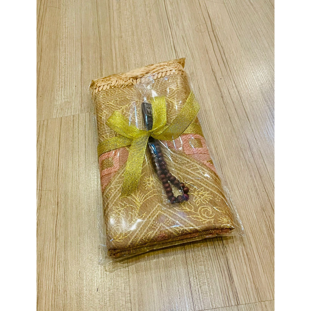 Paket Souvenir Sajadah ARMINA Turkey Benang Mas + Tasbih Pita persegi