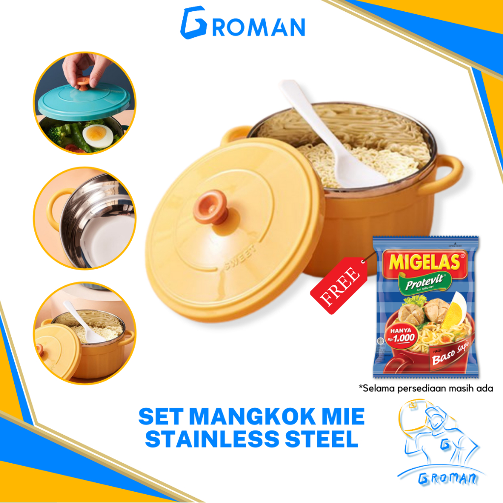 Cangkir Mangkuk Stainless Mie Instan Kotak Makan Siang Pegangan Bowl