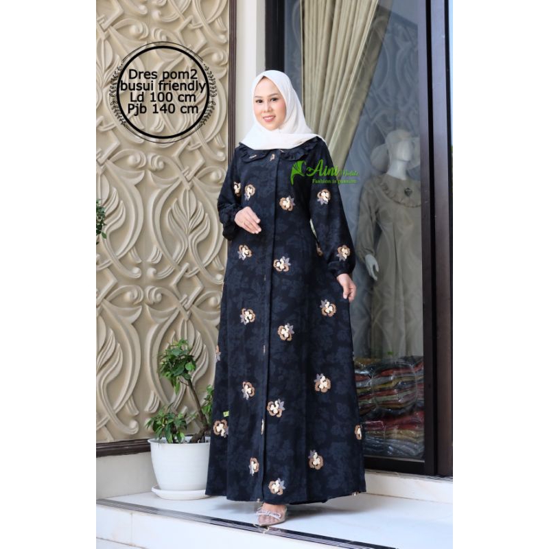 Homedress pompom busui aini modiste, gamis busui, dress aini pompom kekinian