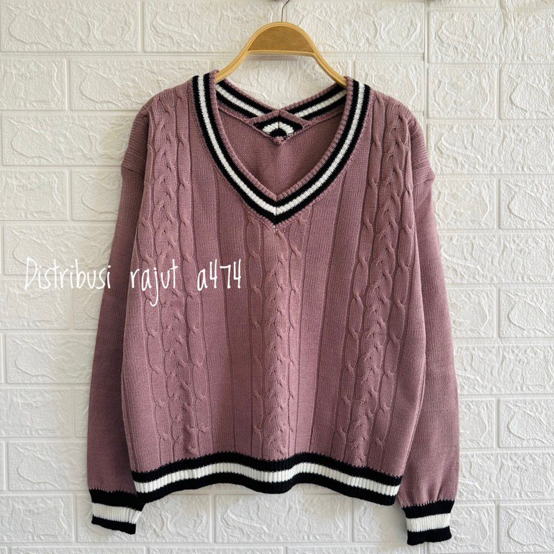 REBECA SWEATER RAJUT STRIPE MOTIF CABLE KERAH V WANITA KOREA ATASAN LENGAN PANJANG