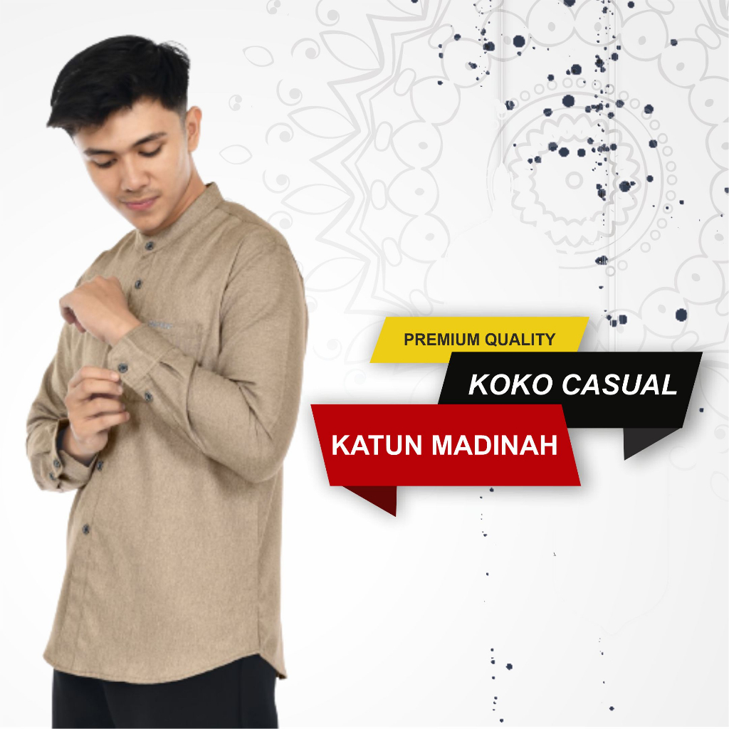 EMWE Kemeja Koko Pria Katun Madinah Premium Lengan Panjang Model Basic Polos Kerah Chiangi