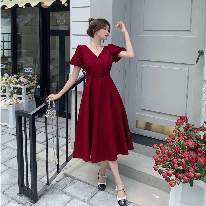 MA | NANETTE Dress | French V-neck Hepburn style Dress Wanita