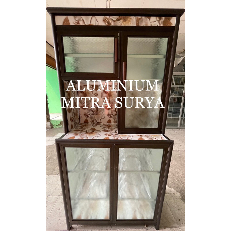 Rak Piring Gendong Aluminium Kaca Keramik SUPER 2 Pintu Lemari Piring Samping Dapur TEBAL COKLAT