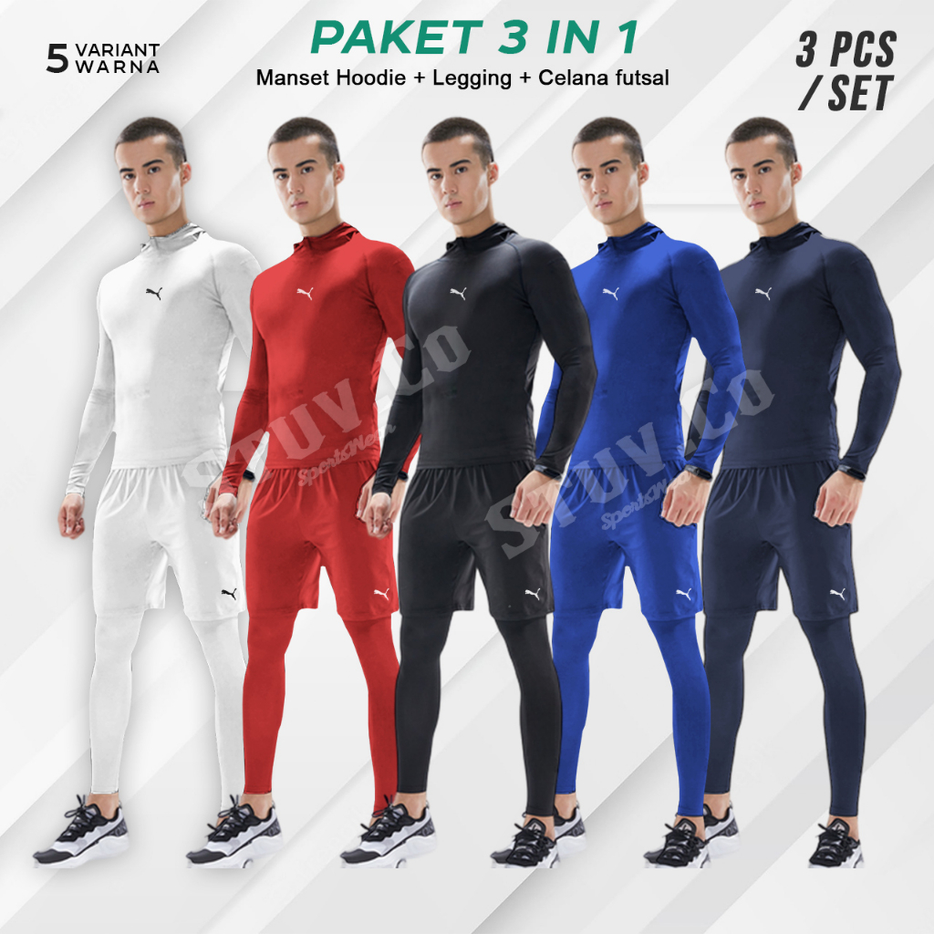 PAKET 3IN1 SETELAN BASELAYER OLAHRAGA MANSET HOODIE LEGGING PANJANG DAN CELANA DRY FIT FUTSAL SEPAKBOLA GYM FITNESS LARI BASKET 5 WARNA