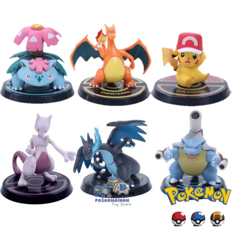 Figure Pokemon Pikachu Charizard Blastoise Mewton Set 6 Mainan Miniatur Hiasaan