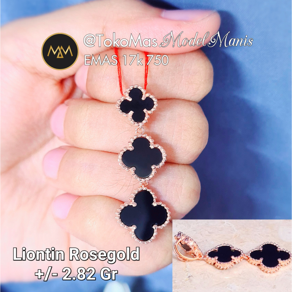 Liontin clover hitam 3 susun emas rosegold 750 kadar 17k