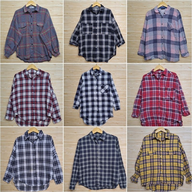 Thrift Kemeja Flanel / kotak kotak / Kemeja Garis garis formal shirt blouse  atasan wanita