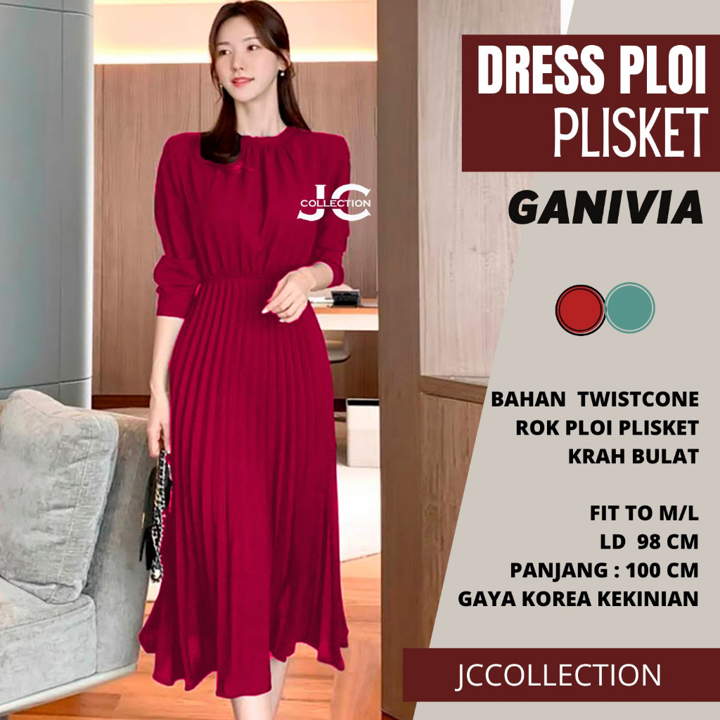 Long Dress ploi plisket lengan panjang wanita gaya korea Ganifia - JCCollections