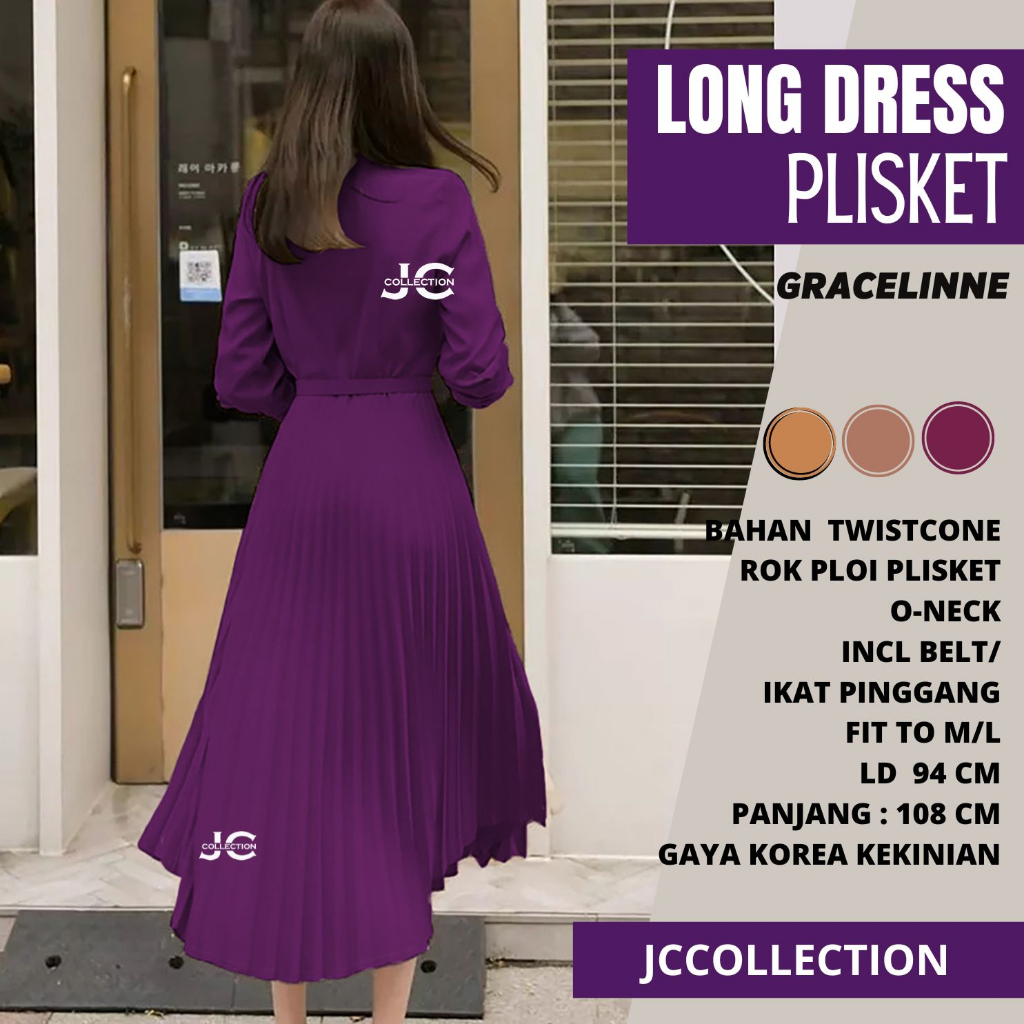 Maxi Dress Korea Style Plisket Terusan Long Dres Lengan Panjang Gracelinna JCCollections.id