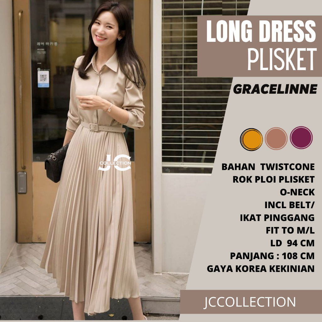 Maxi Dress Korea Style Plisket Terusan Long Dres Lengan Panjang Gracelinna JCCollections.id