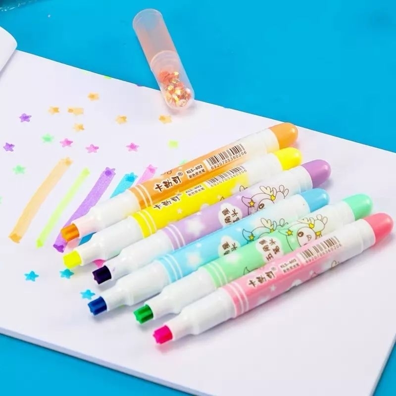 6 PCS Set Stabilo Glitter Highlighter Lucu Unik Peralatan Sekolah