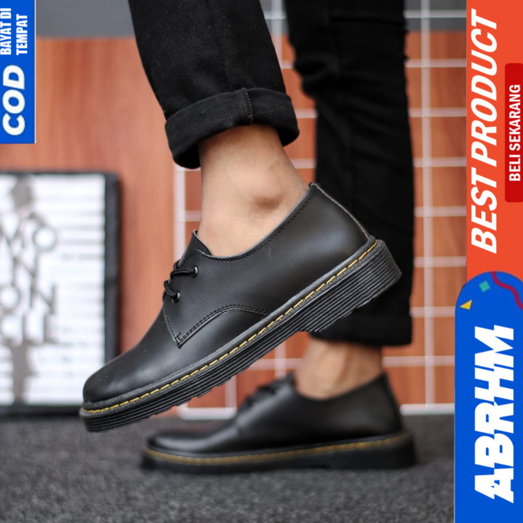 ABRHM Sepatu Docmart Hitam Tali Casual Kulit Pu Formal Pantofel Kerja Hitam Pria