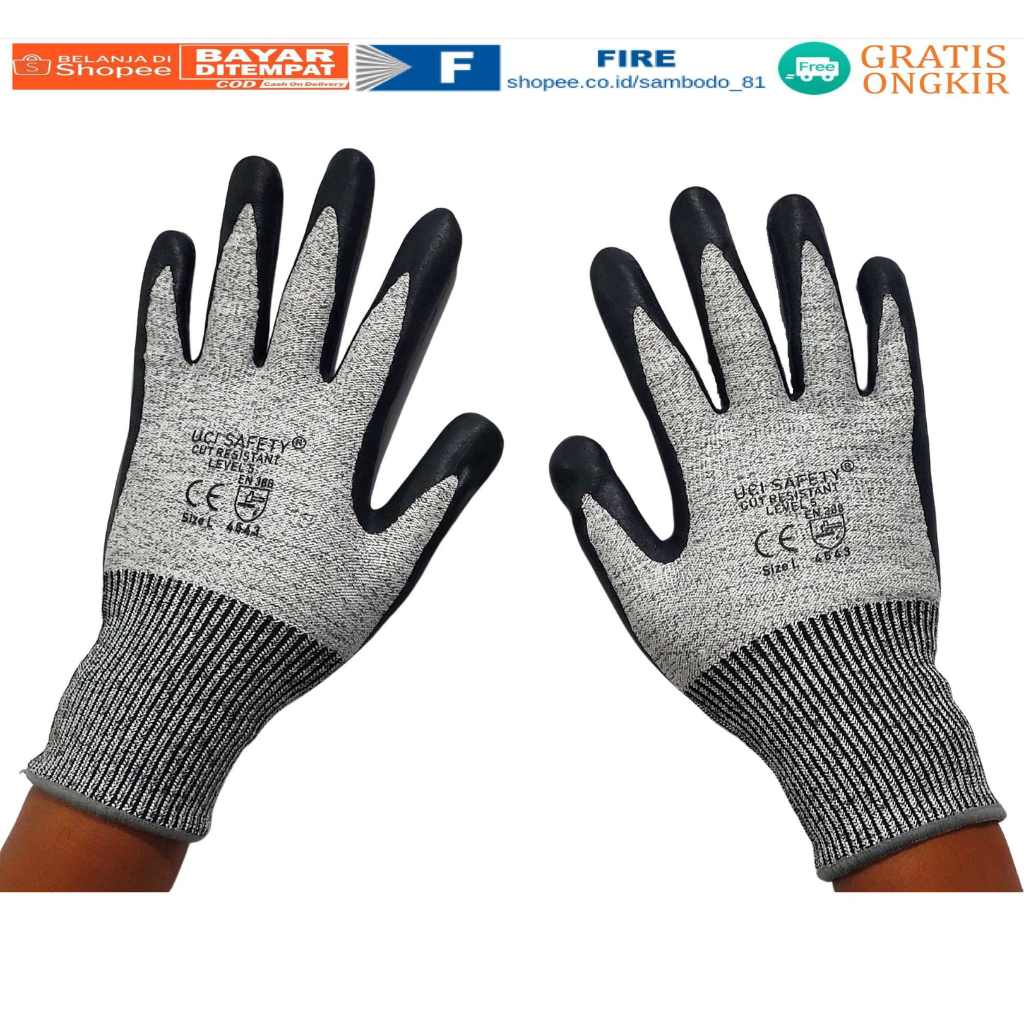 Sarung Tangan Glove Cut Resistant level 5 Anti Pisau potong coated coating tapak dilapisi Nitril Hitam