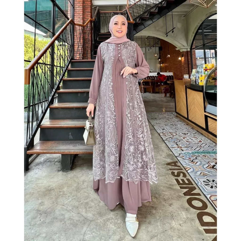 Gamis pesta brukat muslimah model terbaru lebaran 2023  warna sage / Gamis Polos Ceruty mix Brokat P