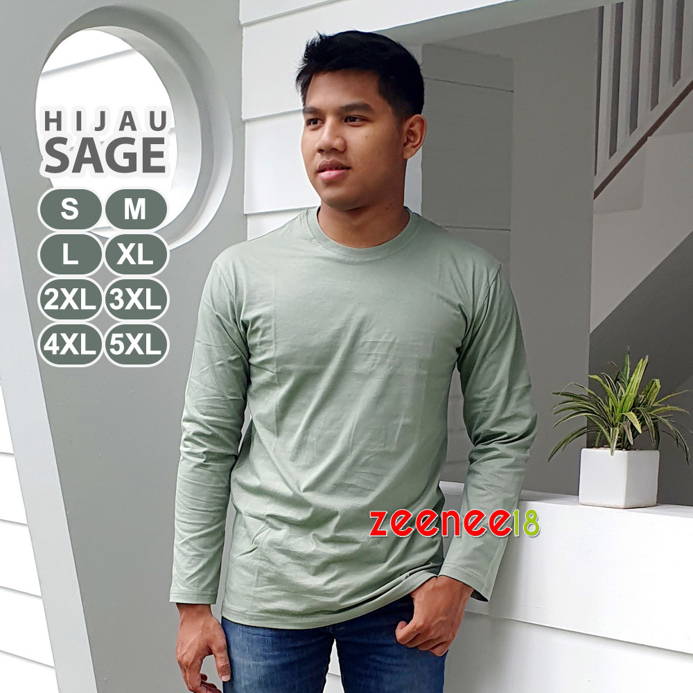 Kaos Wanita Lengan Panjang Polos Katun Hijau Sage Green