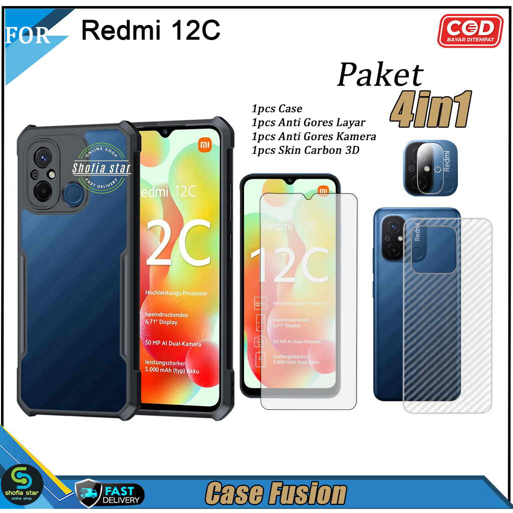 PAKET 4in1 Case Redmi 12C Soft Case Fusion Shockproof Transparan Casing