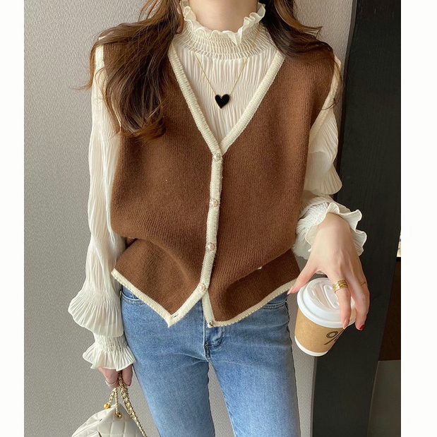 Versi Korea Longgar All-Match Lengan Panjang Chiffon Temperamen Renda Kemeja Turtleneck Bottoming Top bell sleeves