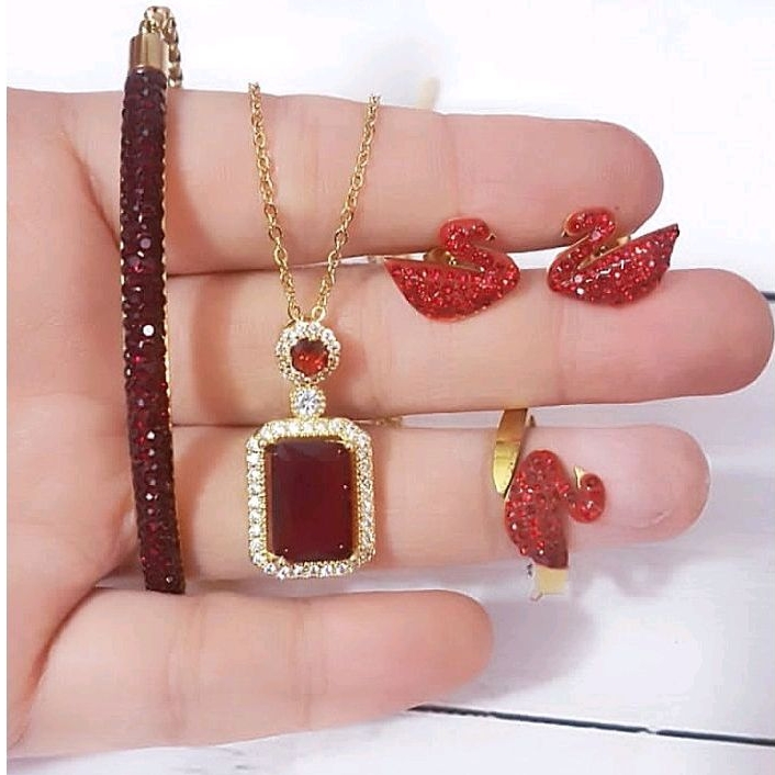 Set Perhiasan Titanium Permata merah 728