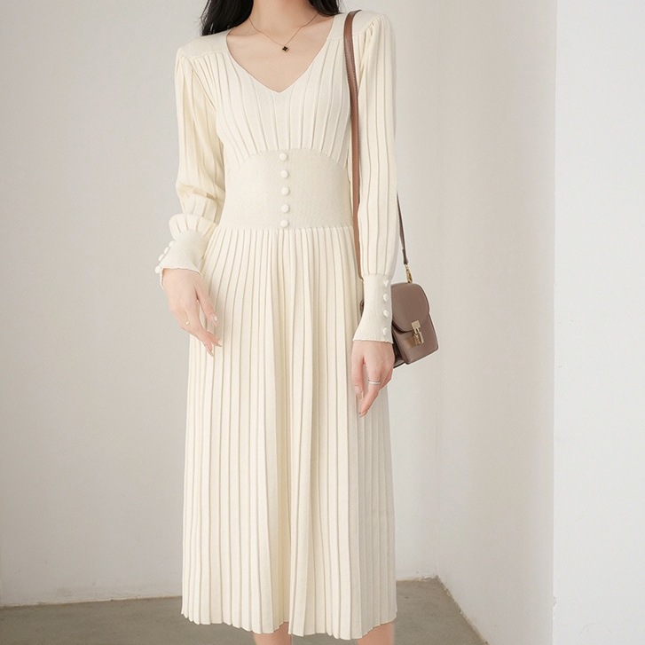 [Premium] V Neck  Long Sleeve Ribbed Stretch Midi Dresses  2355