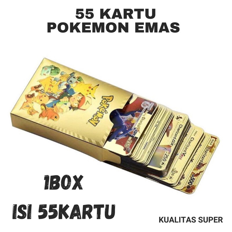 55pcs Kartu Pokemon Emas Pokemon Trading Card koleksi mainan anak