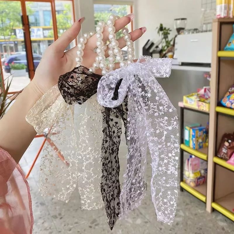 Ikat Rambut Korea Pita Aksen Renda Mutiara Untai Korean Hair Tie Ribbon Pearl Lace Brukat Kunciran Juntai