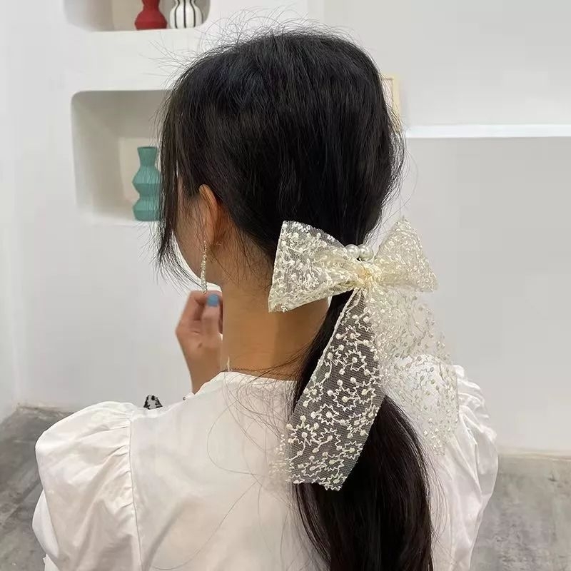 Ikat Rambut Korea Pita Aksen Renda Mutiara Untai Korean Hair Tie Ribbon Pearl Lace Brukat Kunciran Juntai