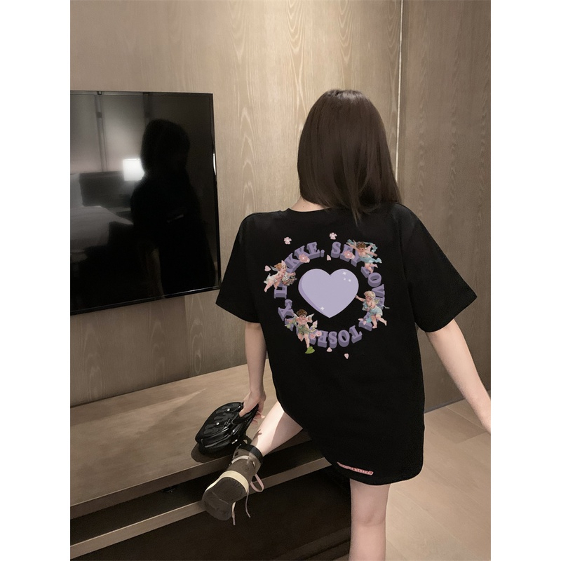 XIAOZHAINV Korean Style Kaos Atasan Wanita Heart Pattern Lengan Pendek A0014