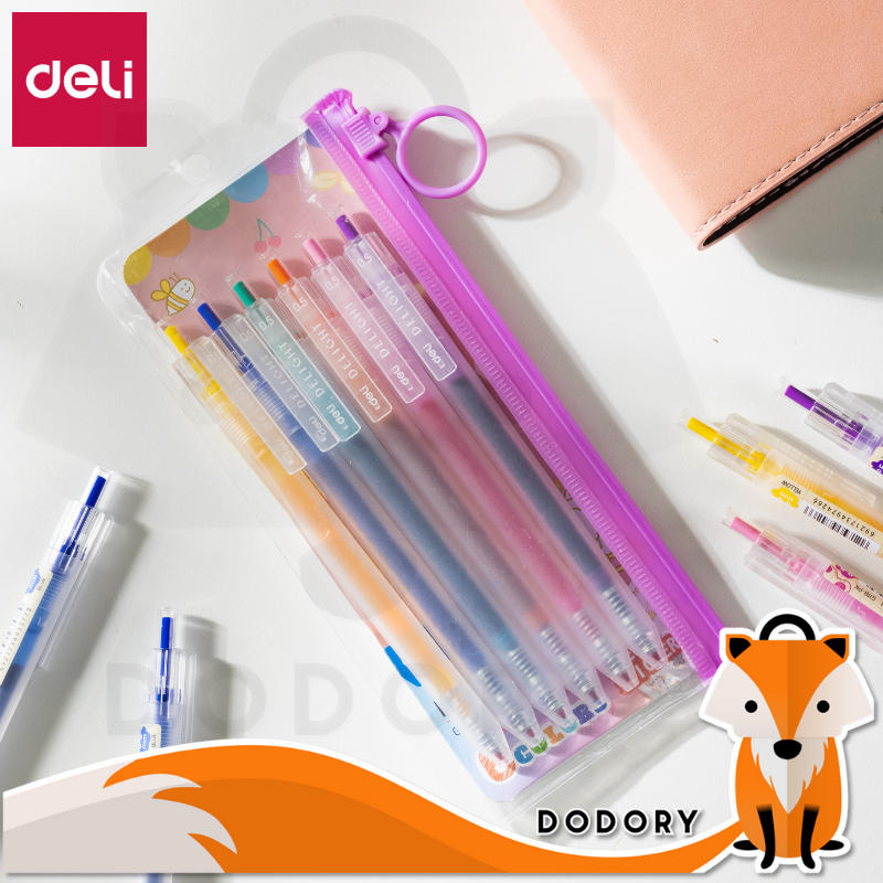 DODORY DELI023 School Gel Pen / Pulpen Gel 0.5 mm 6 Warna Retracable Gratis Sticker Lucu