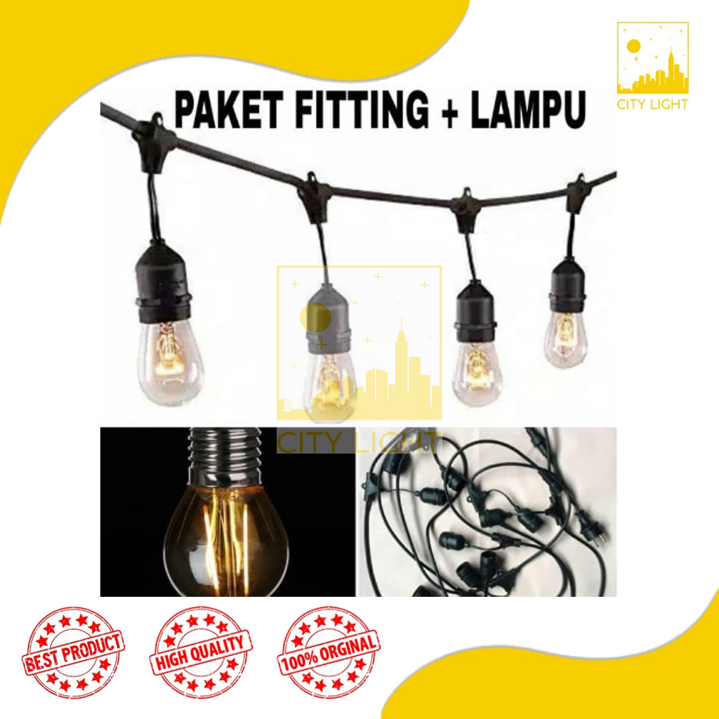 Paket Kabel Fitting Lampu Gantung 10 Meter 15 Lampu Set Komplit lampu Hias Cafe Outdoor Waterproof