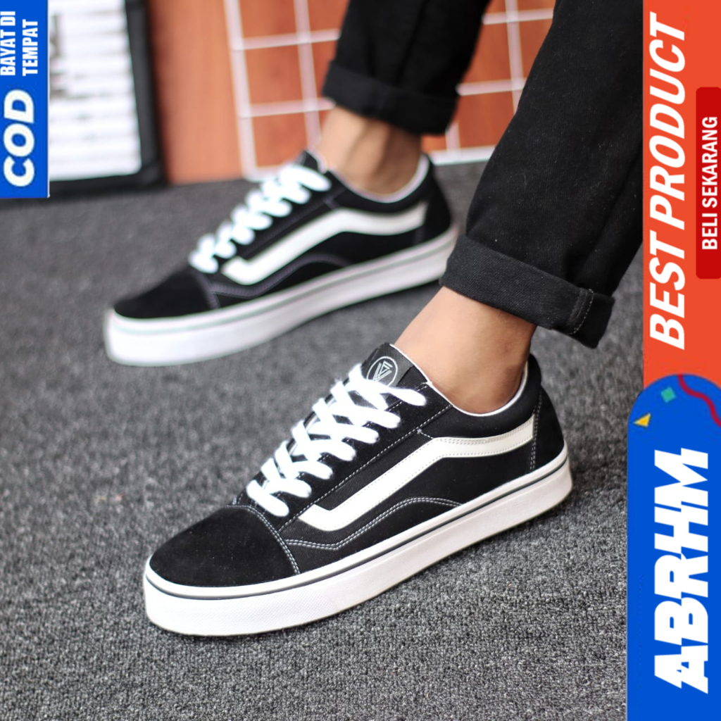 ABRHM Sepatu Sneakers Ukuran Besar 38-47 Oldschool Clasik Hitam Sekolah