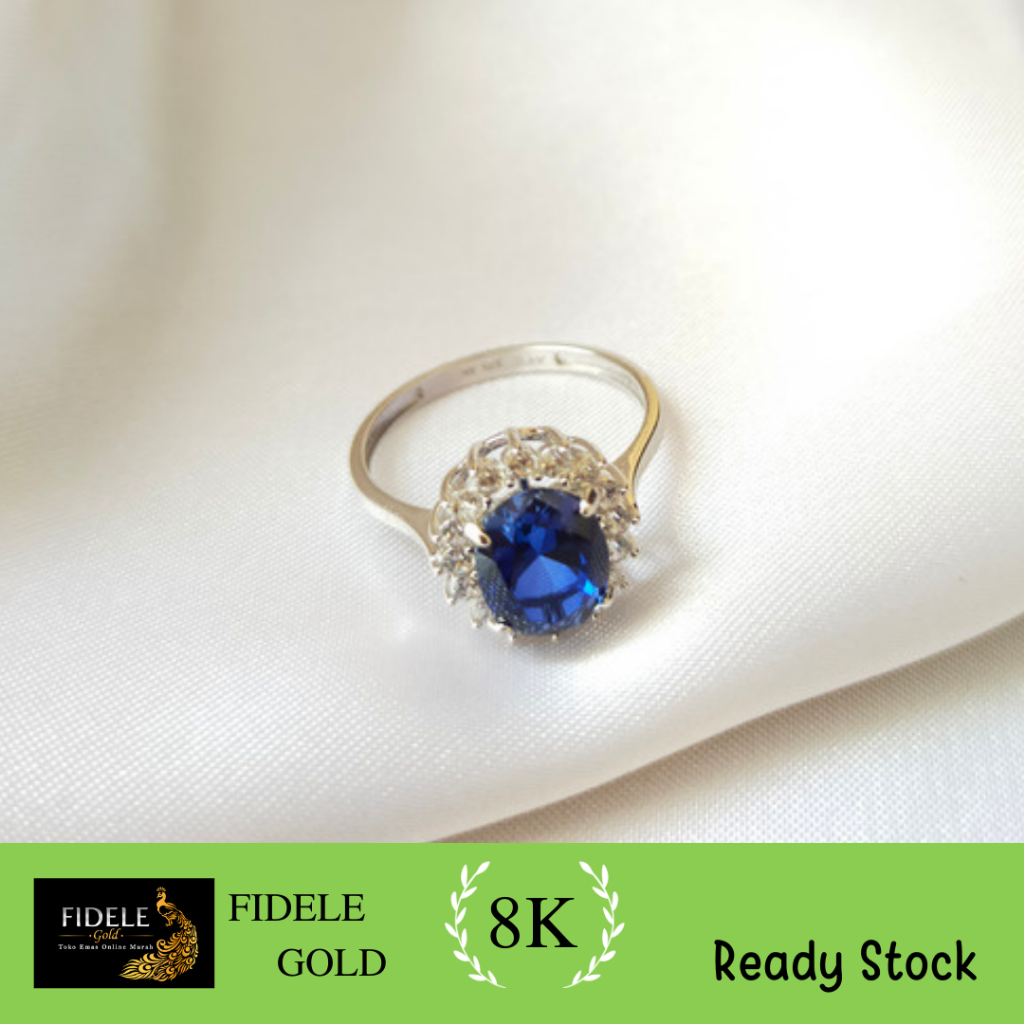 Cincin solitaire biru whitegold emas putih asli 375 ayugold