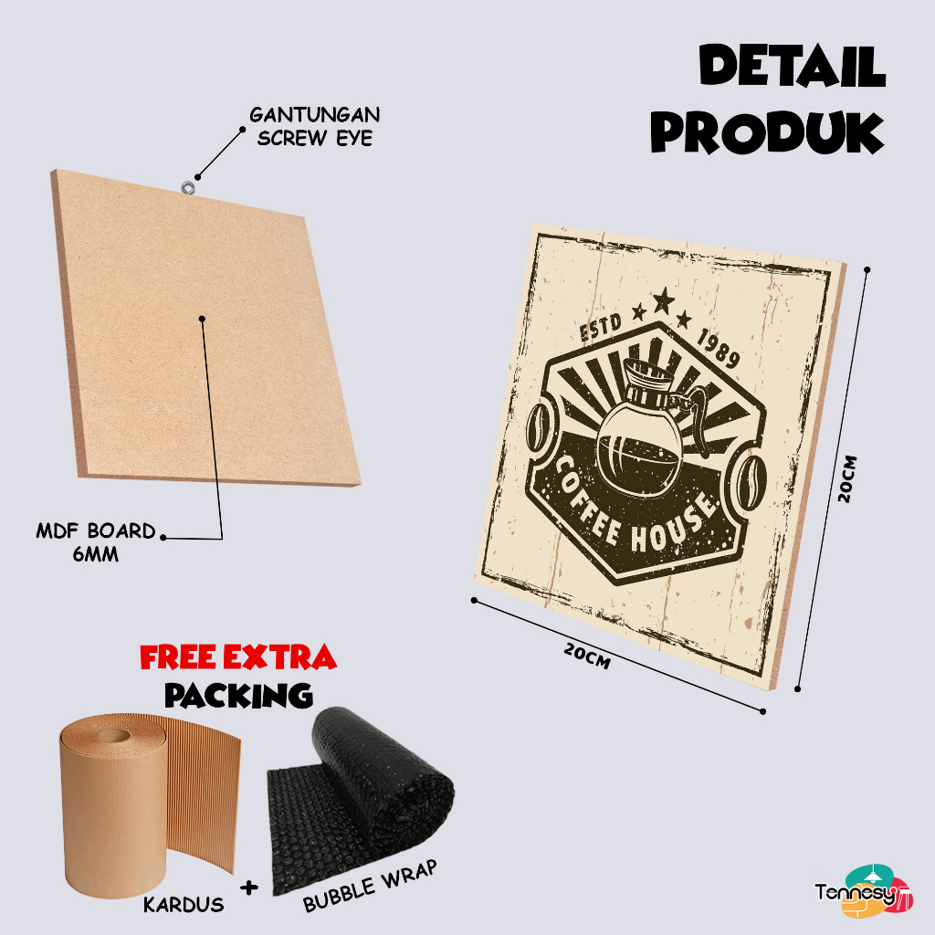 TENNESY Hiasan Dinding Kafe Kopi Coffee Shop Bean 20x20CM Dekorasi Cafe Aesthetic Pajangan Kayu Dekorasi Kafe